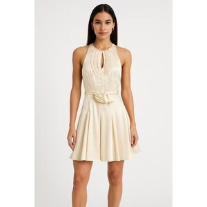 Bebe Cream Mini Dress Silk Blend Ruffle Halter‎ Sleeveless Party Cocktail Size S